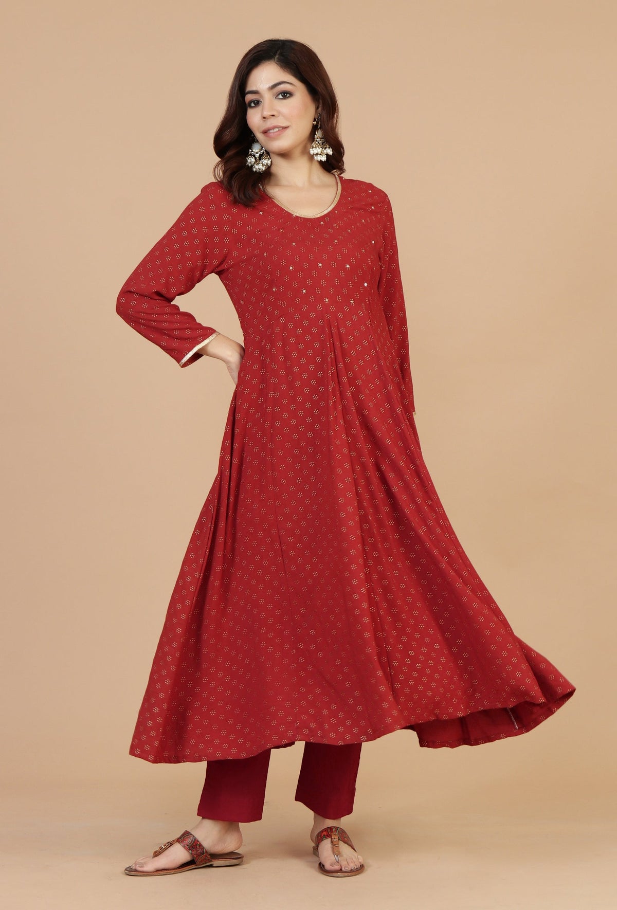 Maroon Rayon Hand Block Printed Flared Kurta サイズ XS