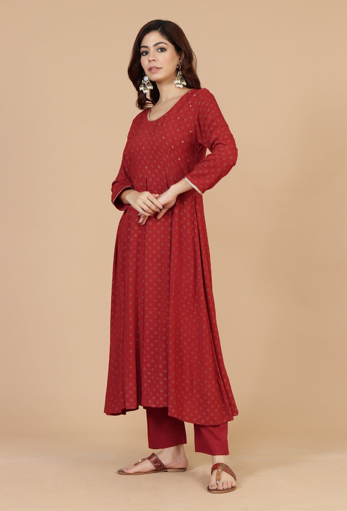 Maroon Rayon Hand Block Printed Flared Kurta サイズ XXL