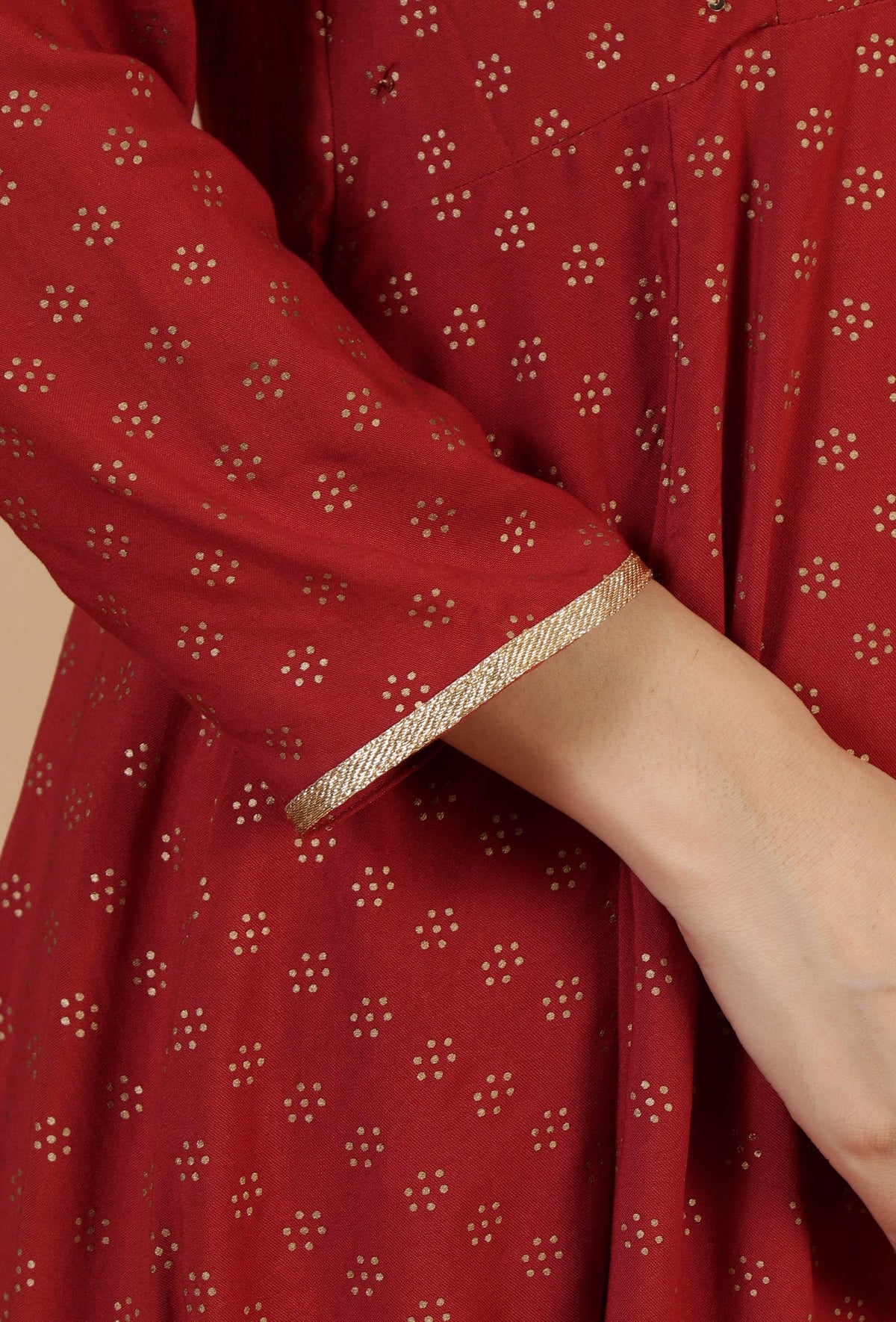 Maroon Rayon Hand Block Printed Flared Kurta サイズ XXL