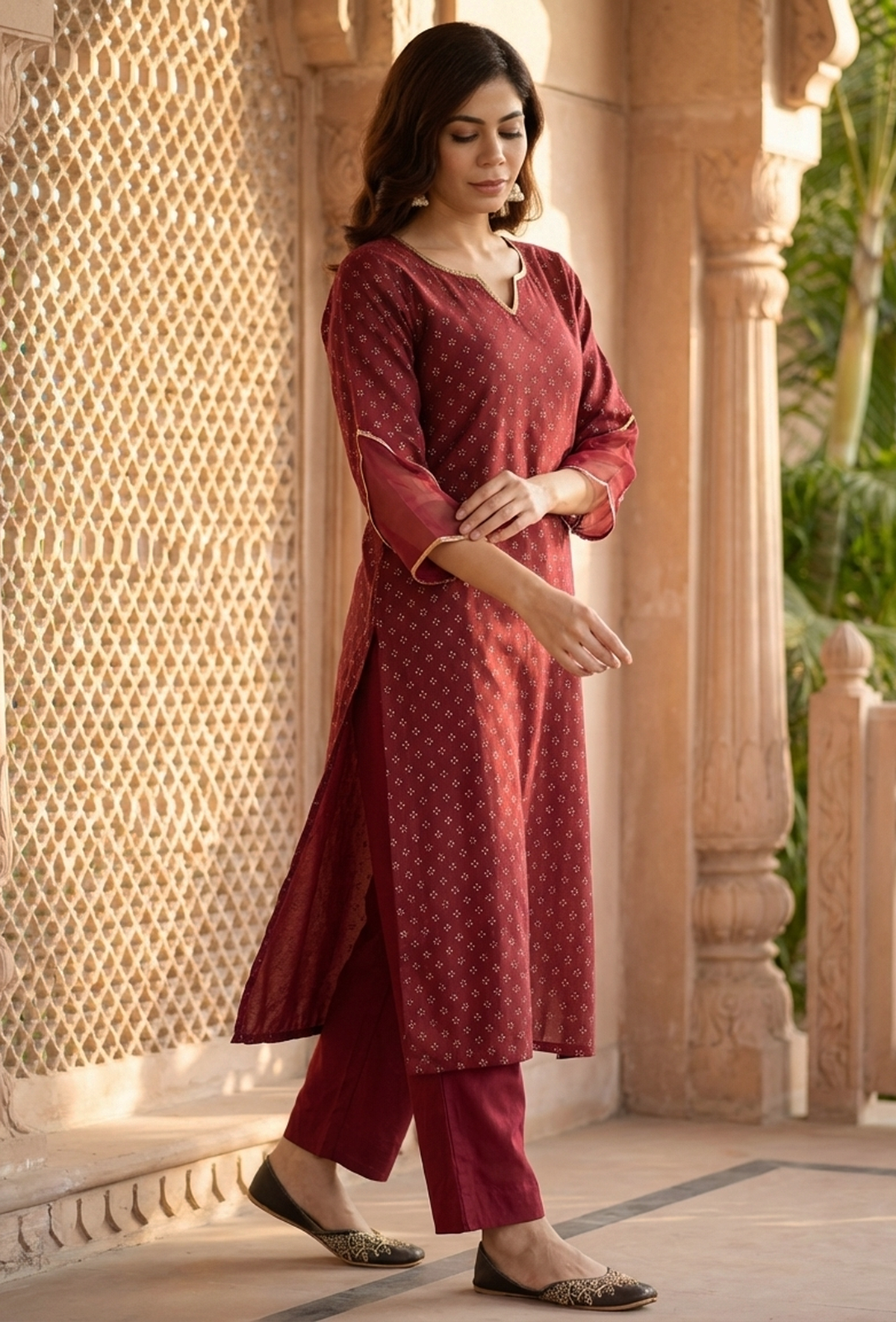 Set of 2: Maroon Hand Block Printed Straight Kurta with Solid Cotton Pants クルタ M・パンツ S