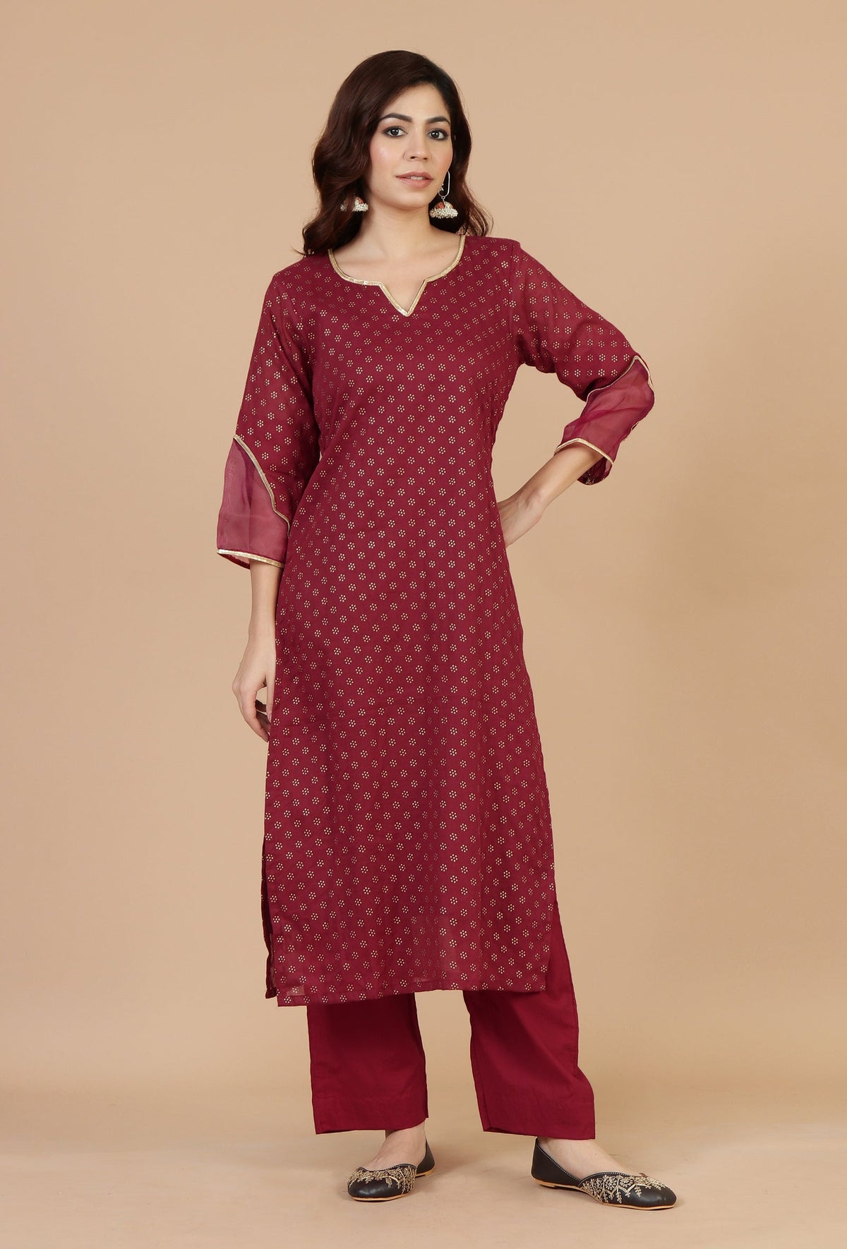 Set of 2: Maroon Hand Block Printed Straight Kurta with Solid Cotton Pants クルタ XL・パンツ S