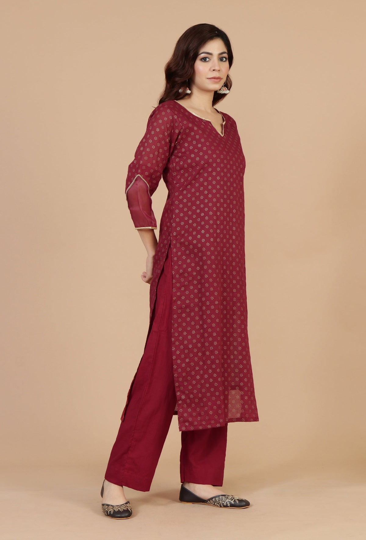 Set of 2: Maroon Hand Block Printed Straight Kurta with Solid Cotton Pants クルタ XS・パンツ M