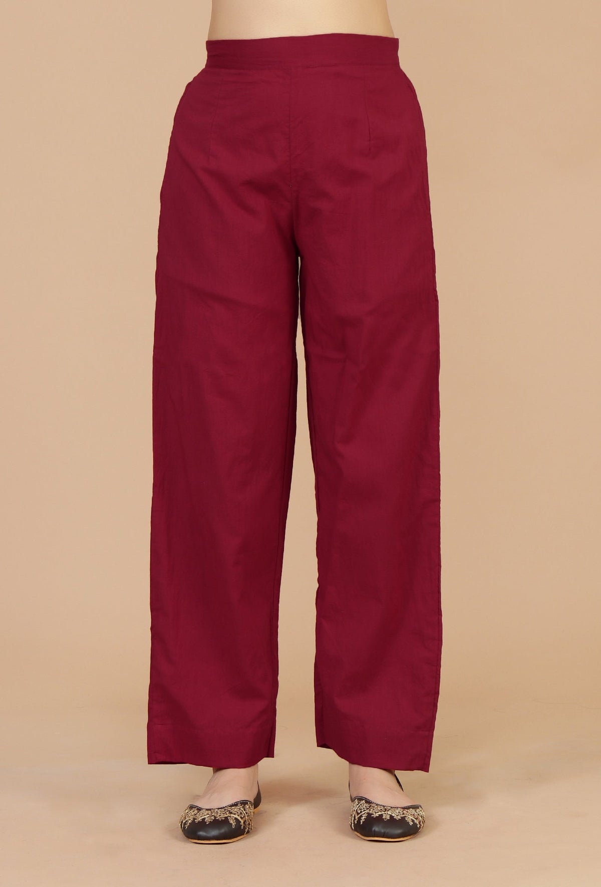 Set of 2: Maroon Hand Block Printed Straight Kurta with Solid Cotton Pants クルタ S・パンツ XS