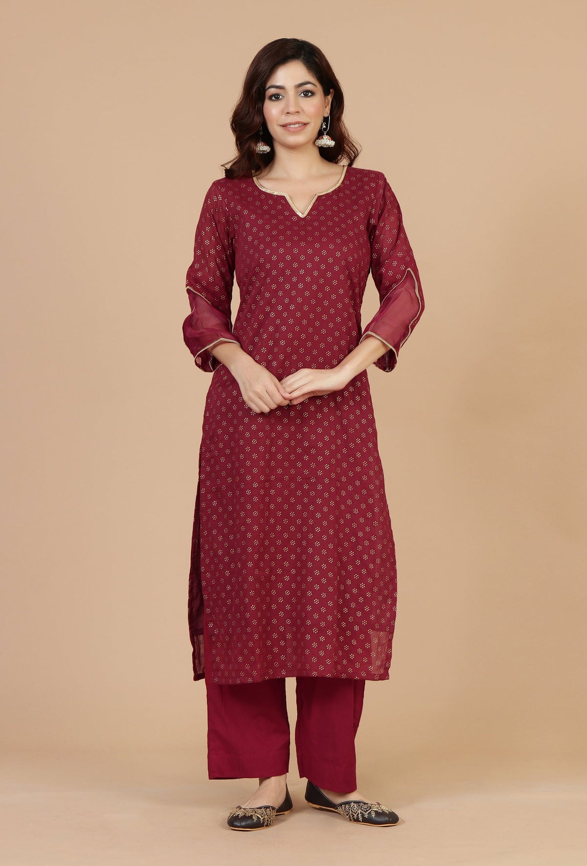 Maroon Hand Block Printed Straight Kurta サイズ XXL
