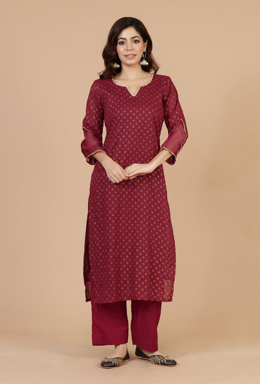 Maroon Hand Block Printed Straight Kurta サイズ M