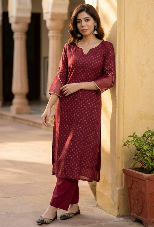 Maroon Hand Block Printed Straight Kurta サイズ M