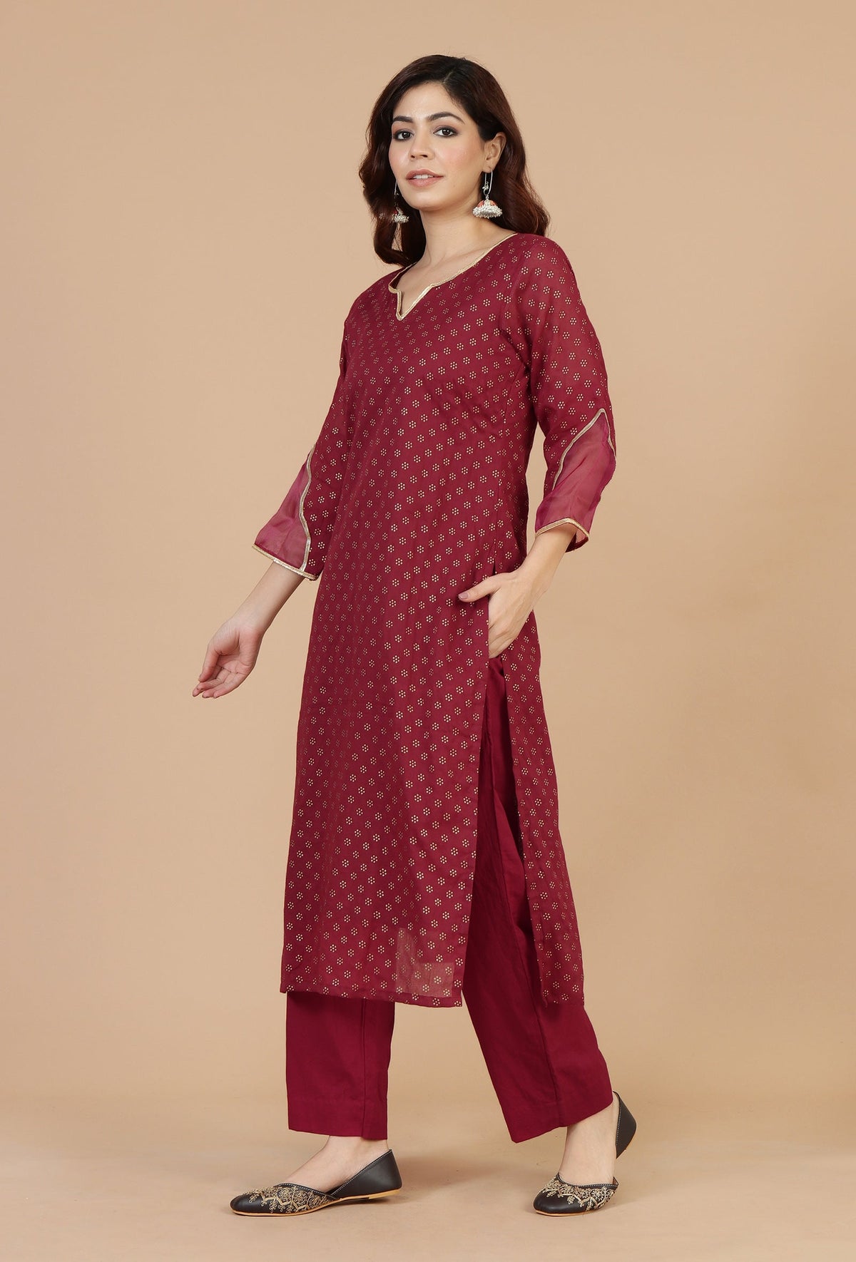 Maroon Hand Block Printed Straight Kurta サイズ S