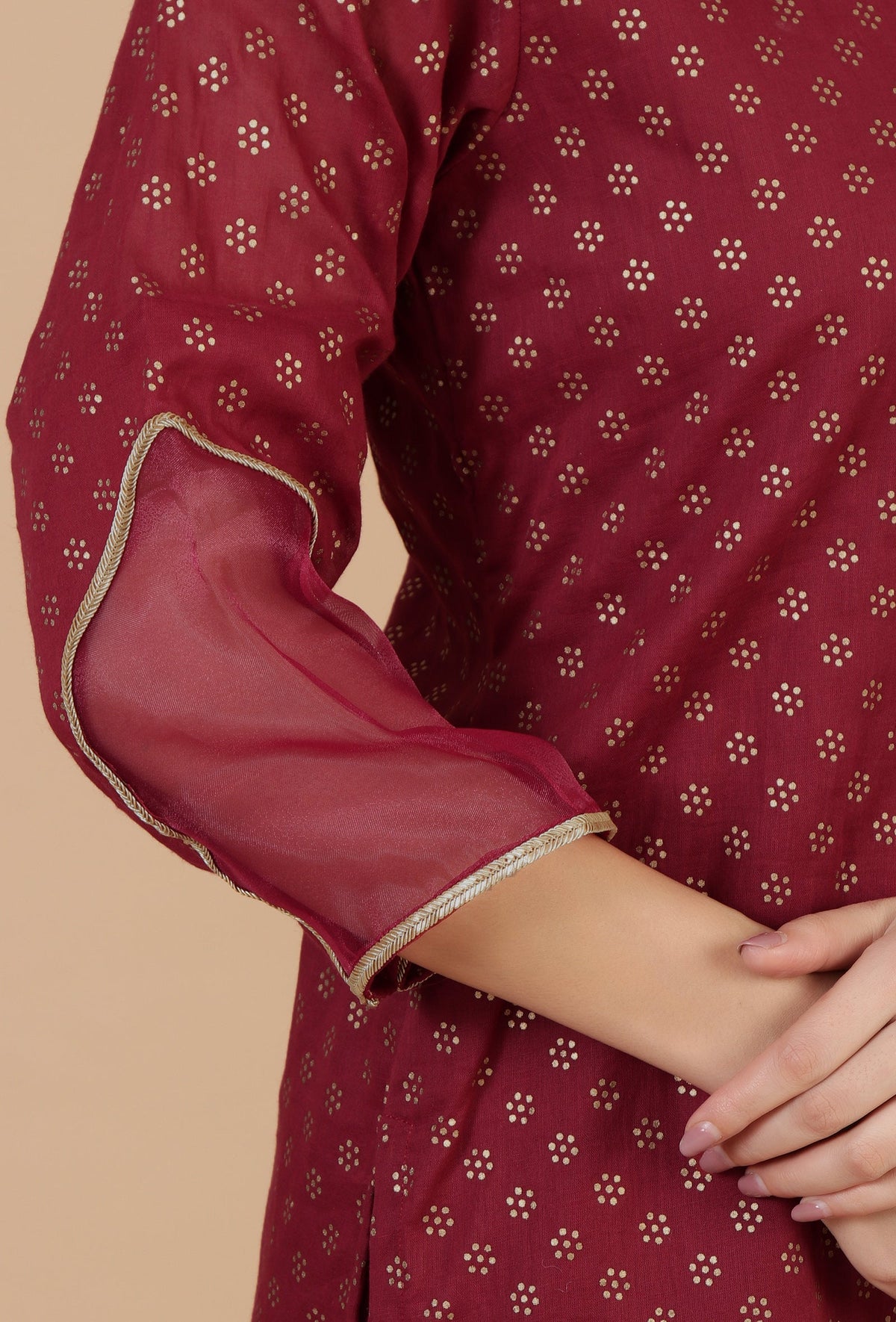 Maroon Hand Block Printed Straight Kurta サイズ M