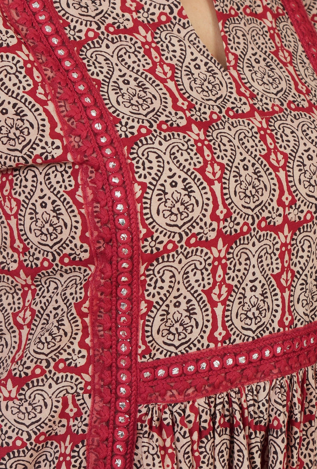 Red Printed Gathered Kurta with Lace Detail サイズ XXXL
