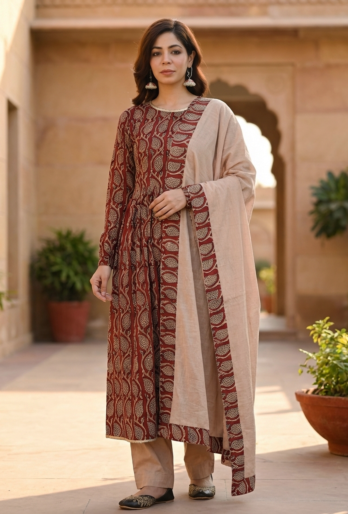 Set of 3: Maroon Elegance Hand Block Printed Cotton Kurta & Beige Cotton Pant with Dupatta Set クルタ XL・パンツ L