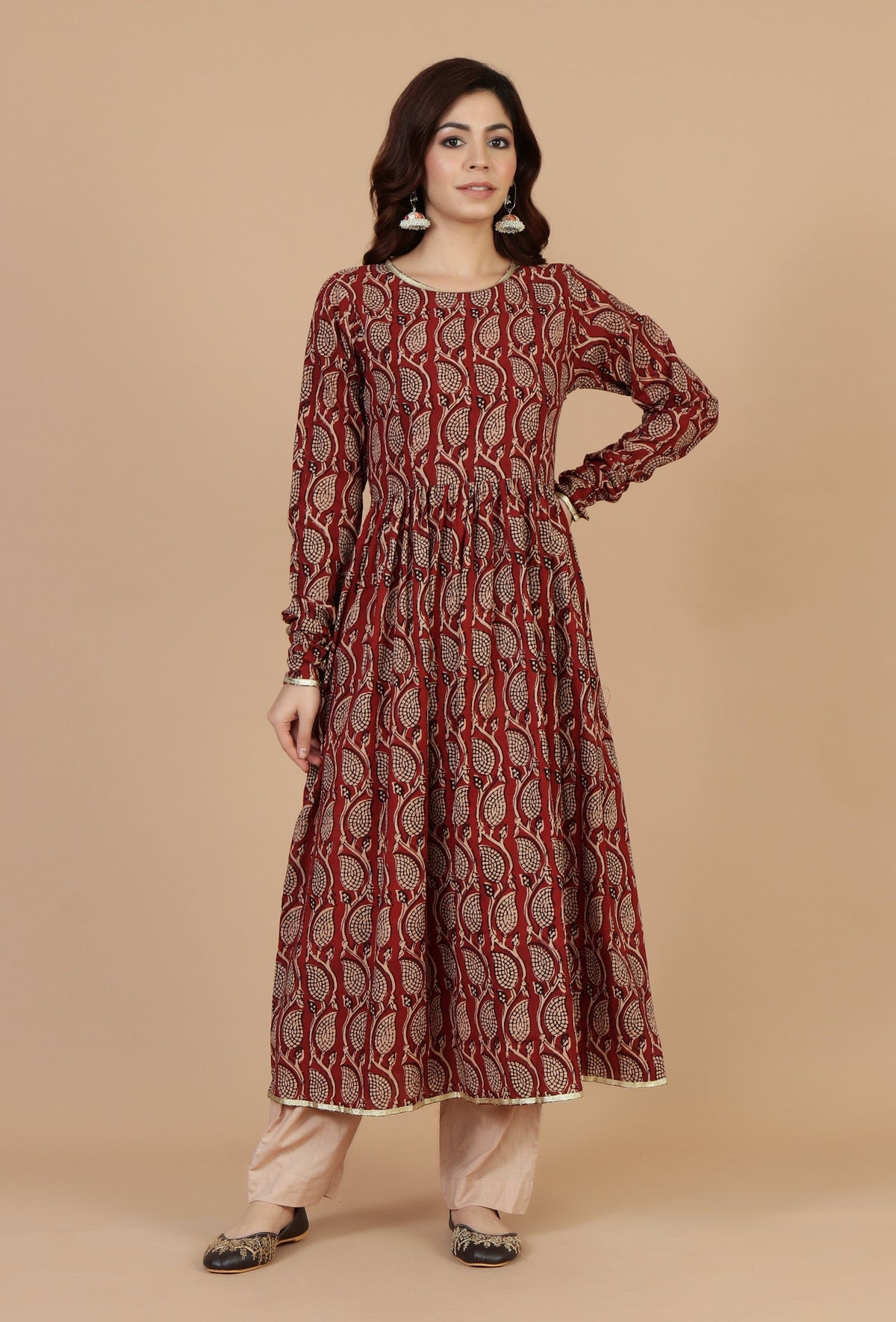 Set of 3: Maroon Elegance Hand Block Printed Cotton Kurta & Beige Cotton Pant with Dupatta Set クルタ XXXL・パンツ L