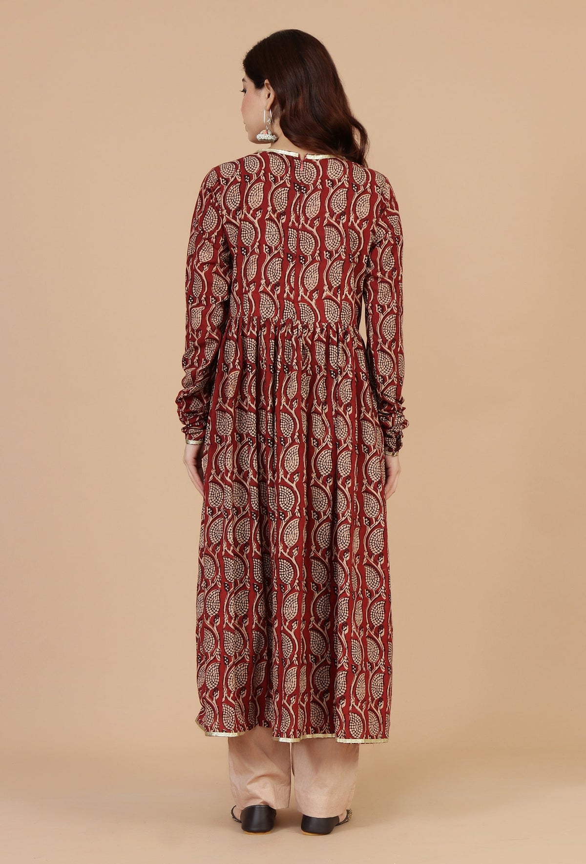 Set of 3: Maroon Elegance Hand Block Printed Cotton Kurta & Beige Cotton Pant with Dupatta Set クルタ M・パンツ XXL