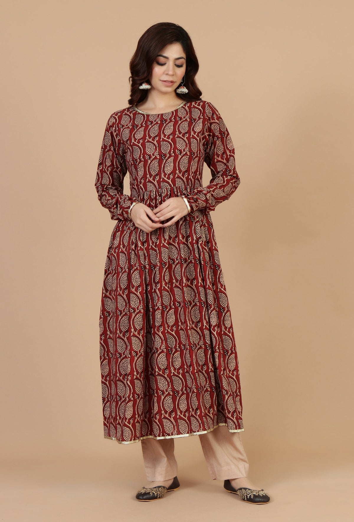 Maroon Elegance Handblock Printed Cotton Kurta サイズ M