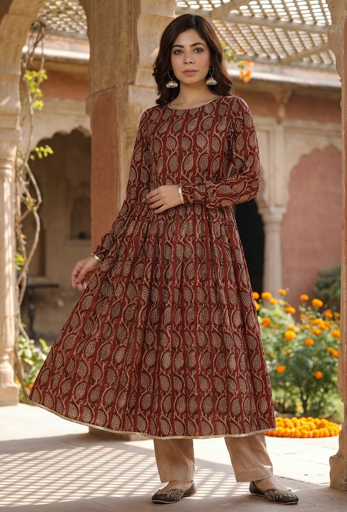 Maroon Elegance Handblock Printed Cotton Kurta サイズ XL