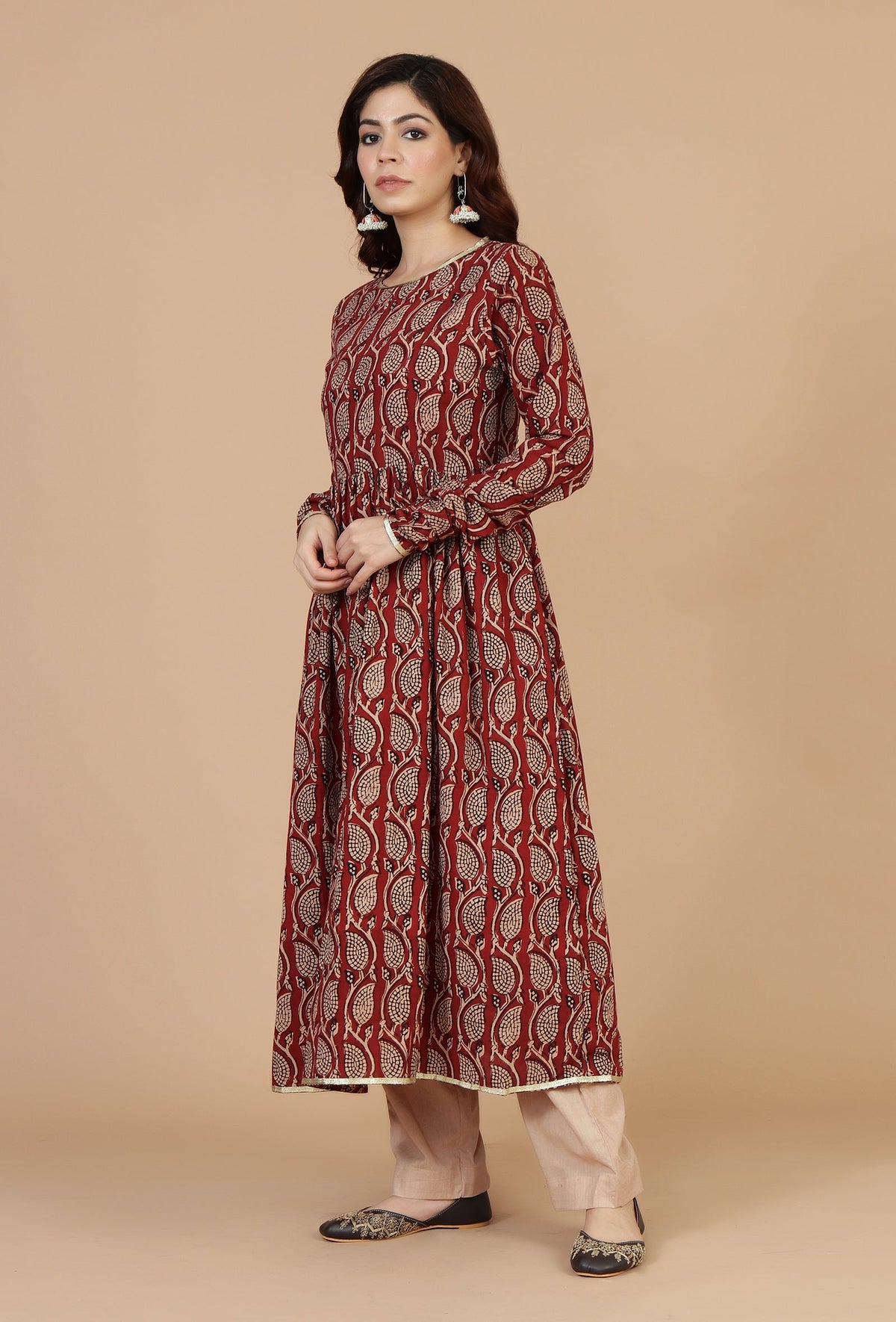 Maroon Elegance Handblock Printed Cotton Kurta サイズ XXL
