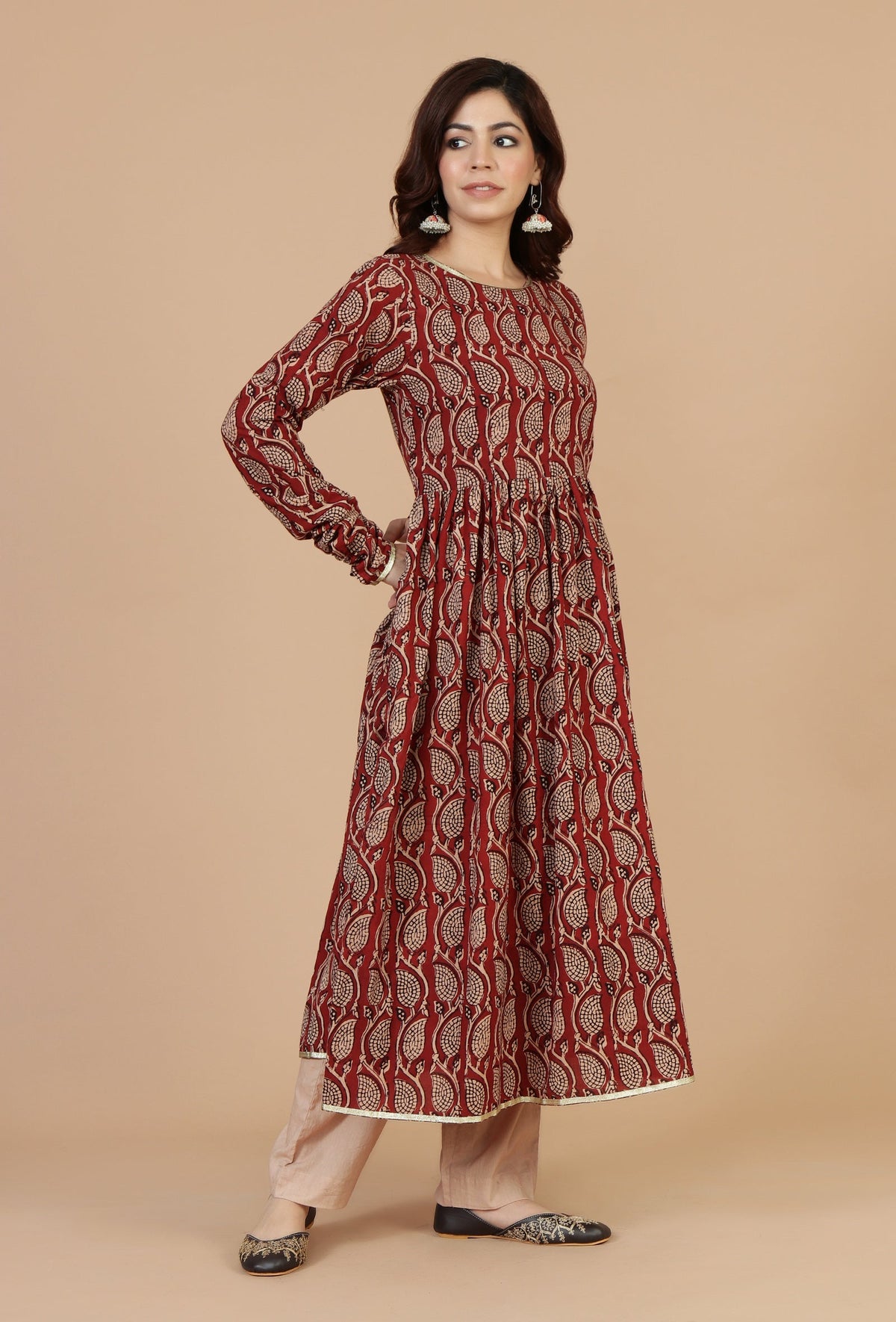 Maroon Elegance Handblock Printed Cotton Kurta サイズ XXL