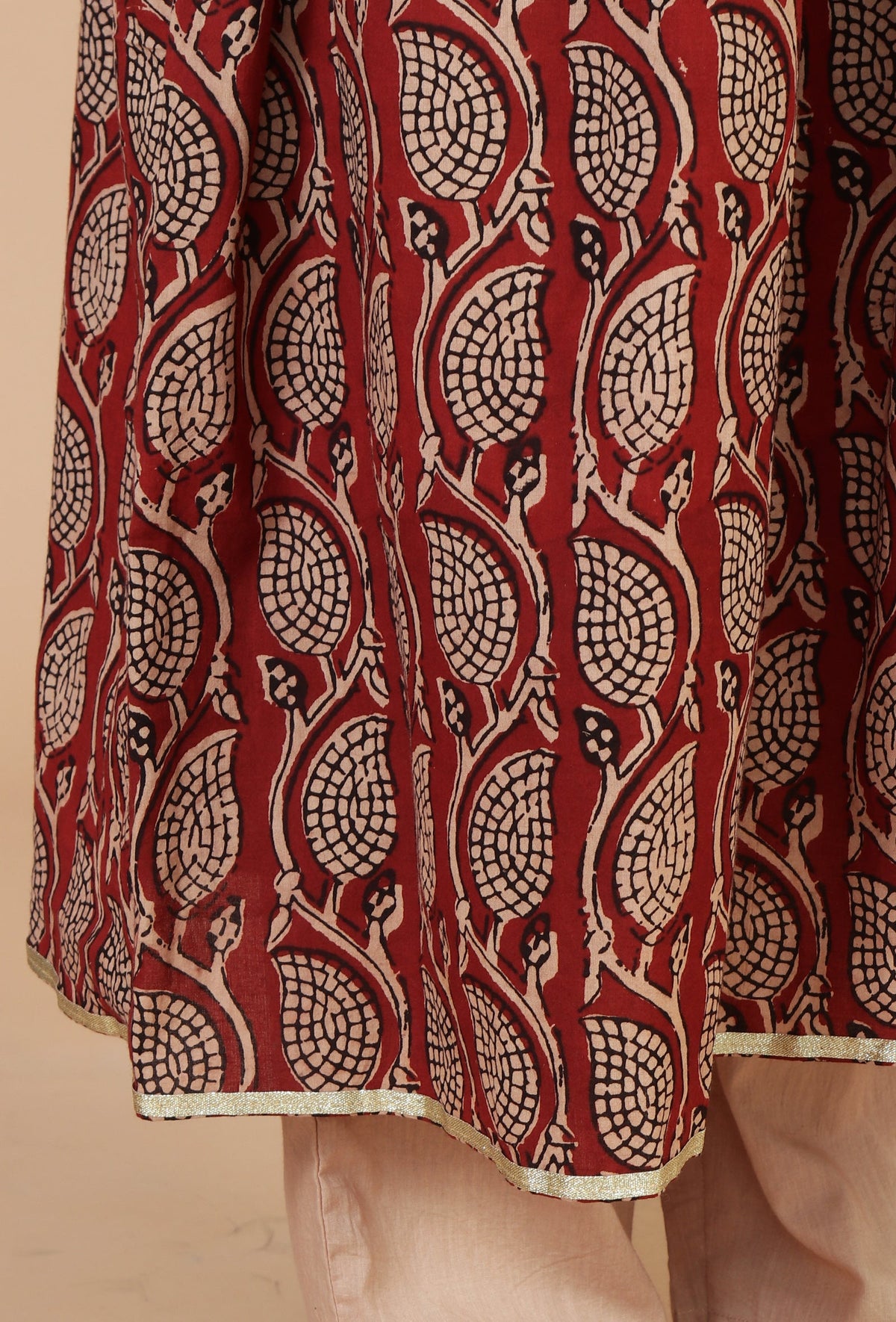 Maroon Elegance Handblock Printed Cotton Kurta サイズ L