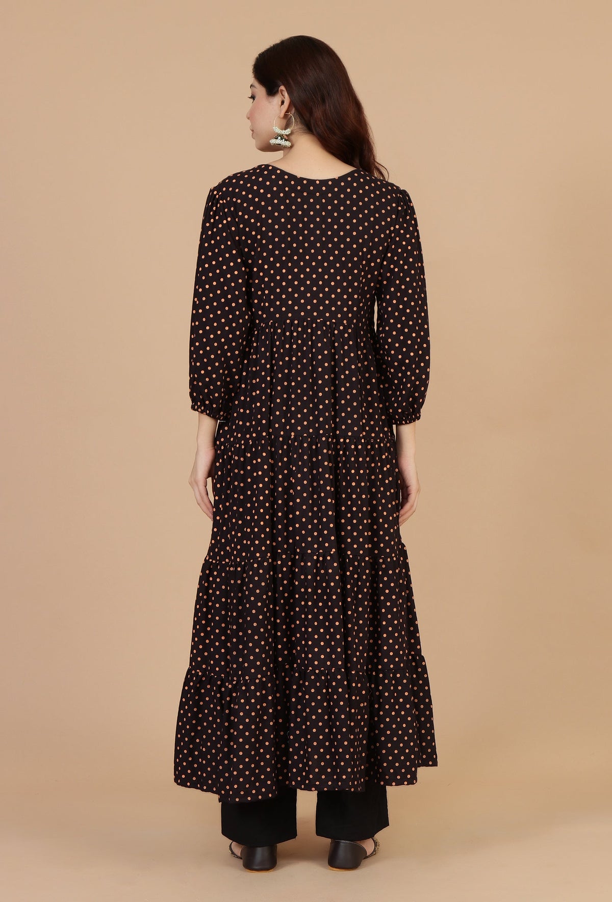Set of 2: Black Rayon Polka Printed Tiered Dress with Solid Cotton Pants ドレス M・パンツ M