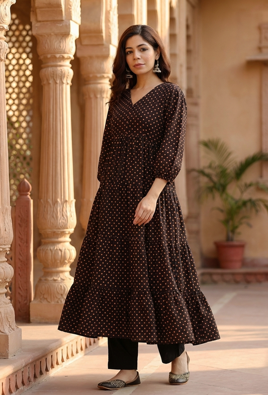 Black Rayon Polka Printed Tiered Dress サイズ M