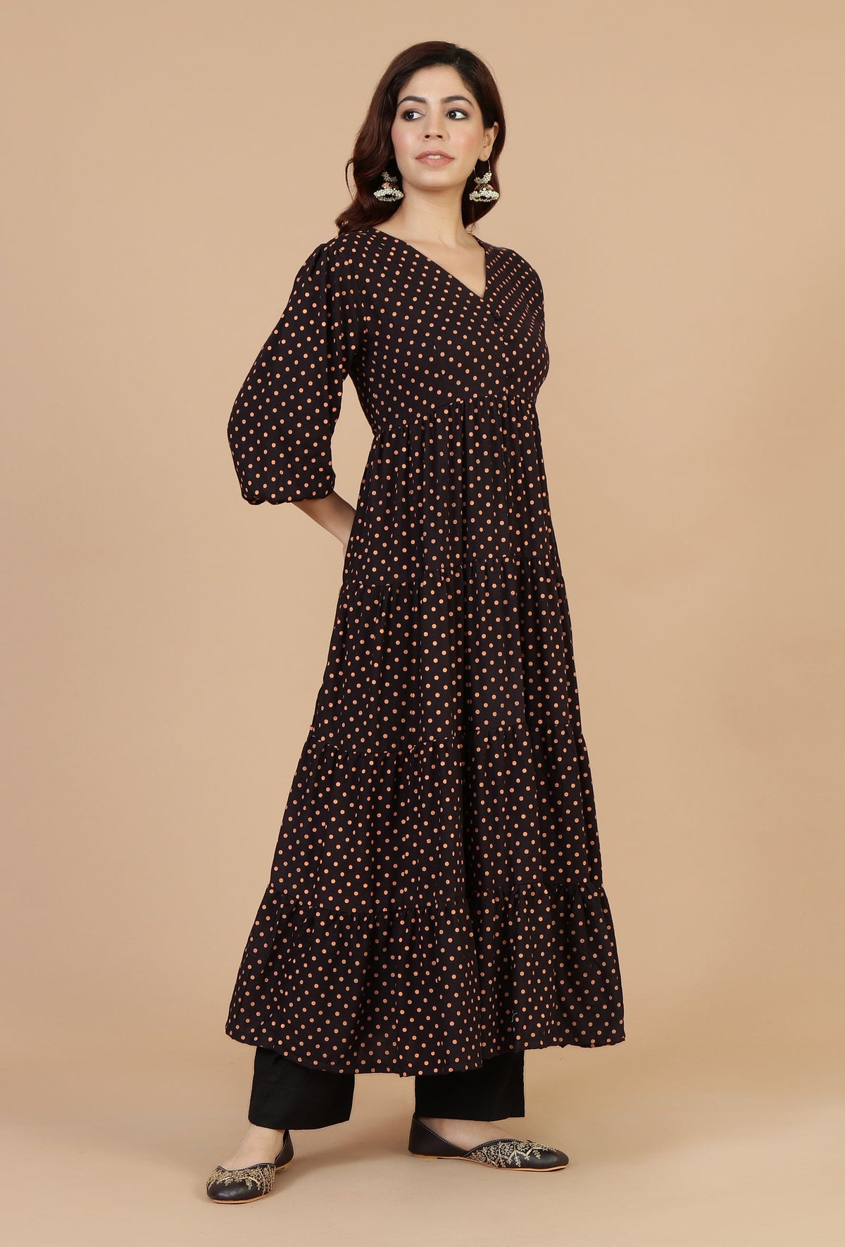 Black Rayon Polka Printed Tiered Dress サイズ XS