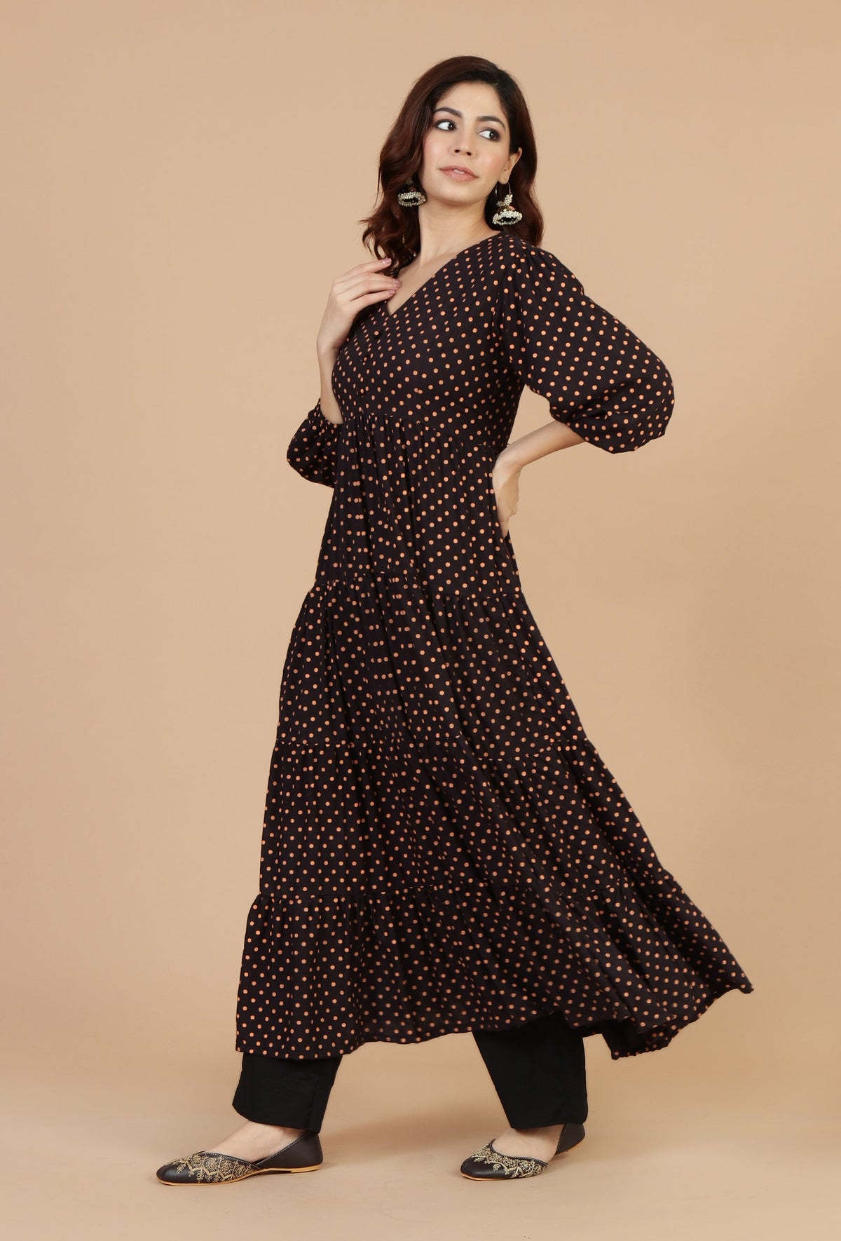 Black Rayon Polka Printed Tiered Dress サイズ M