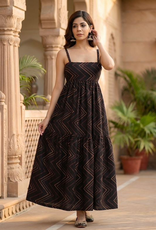 Noor Black Zigzag Printed Cotton Strappy Dress サイズ M