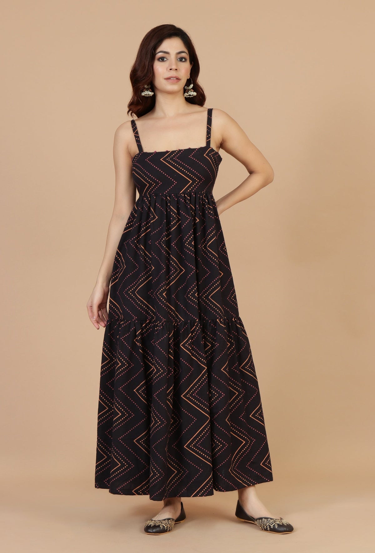 Noor Black Zigzag Printed Cotton Strappy Dress サイズ XXXL