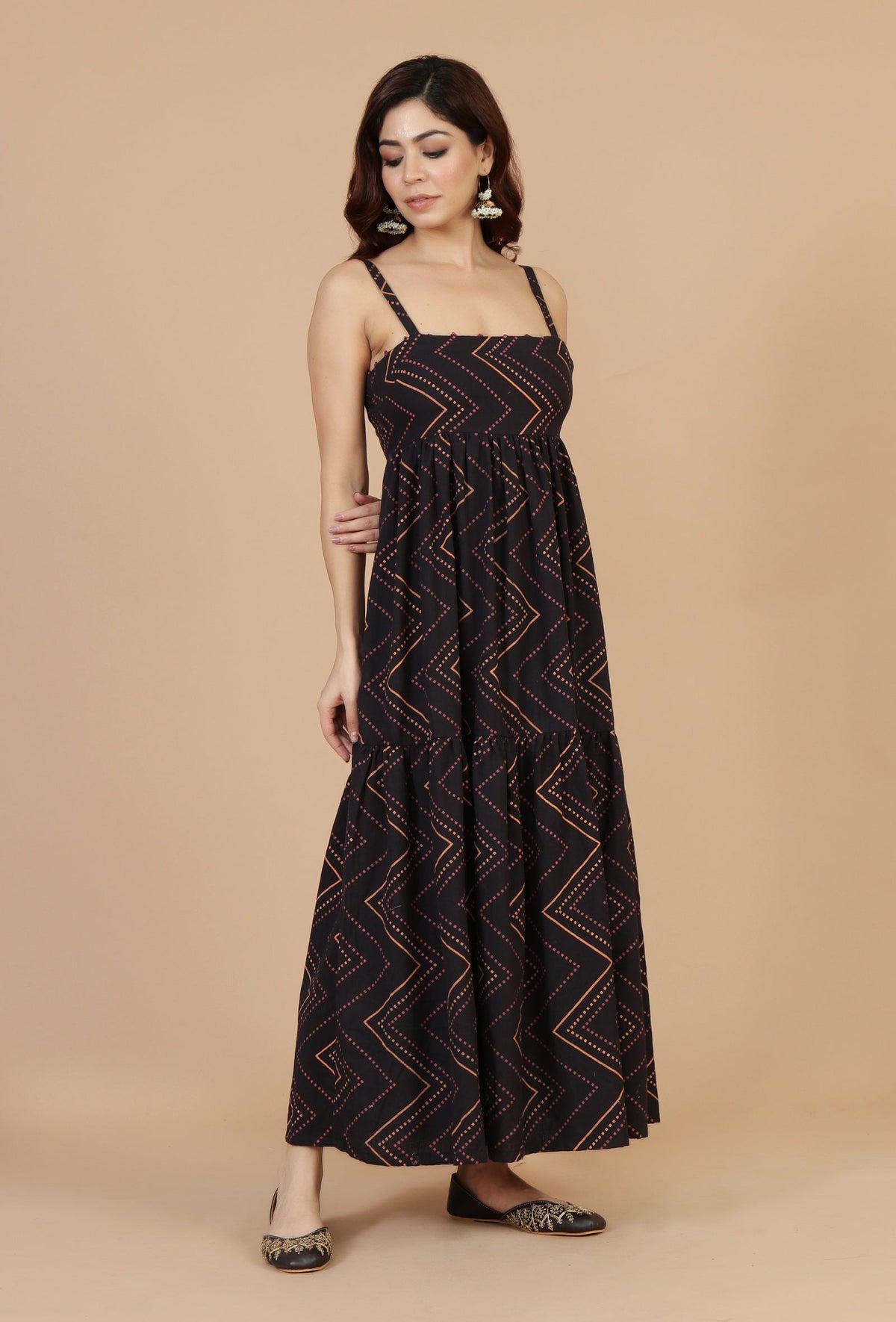 Noor Black Zigzag Printed Cotton Strappy Dress サイズ XXXL