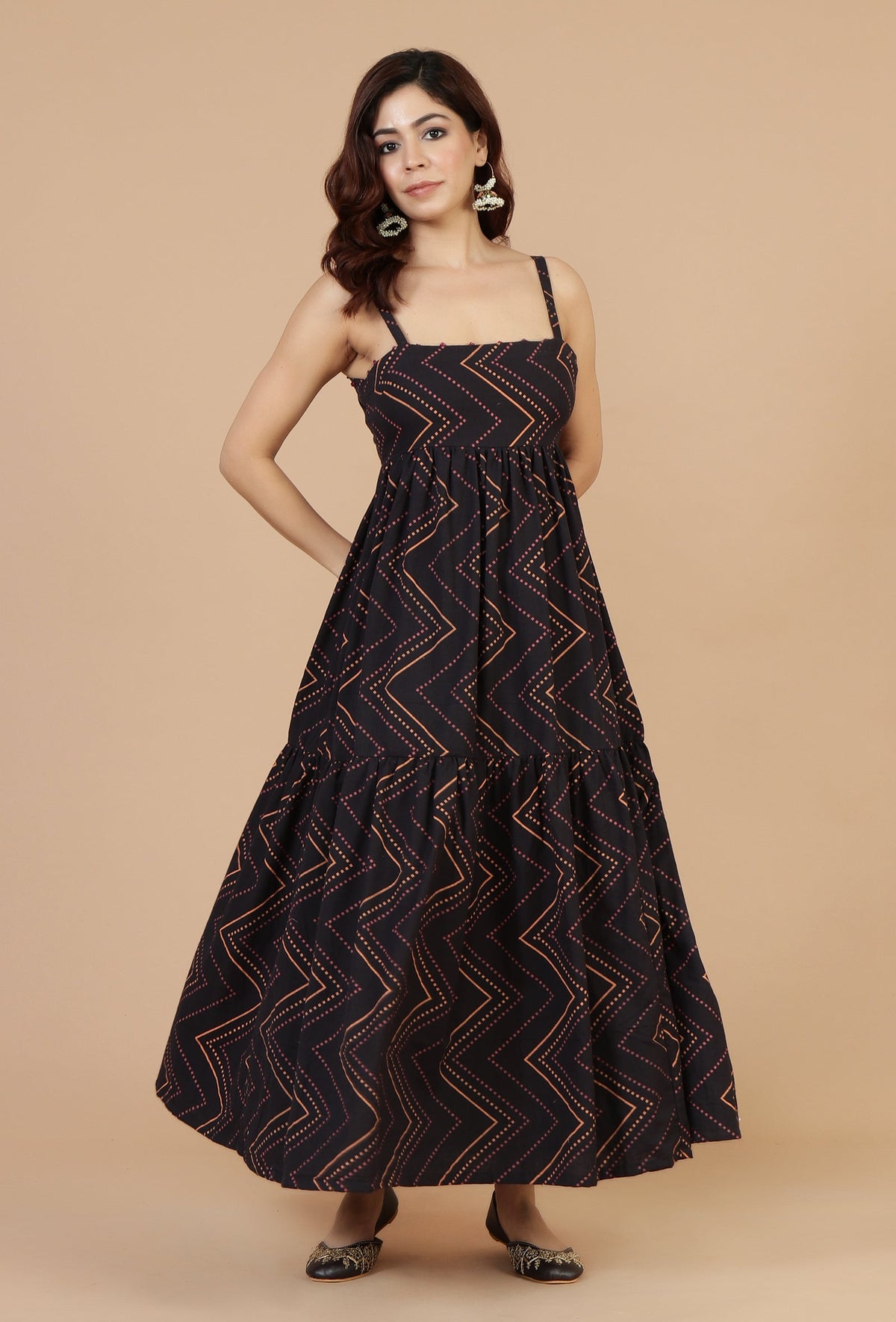 Noor Black Zigzag Printed Cotton Strappy Dress サイズ XXXL