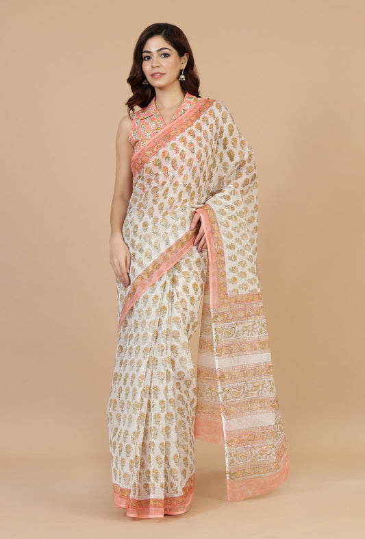 Handwoven Peach & White Floral Kota Doriya Saree Without Blouse