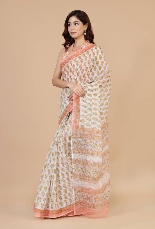 Handwoven Peach & White Floral Kota Doriya Saree Without Blouse