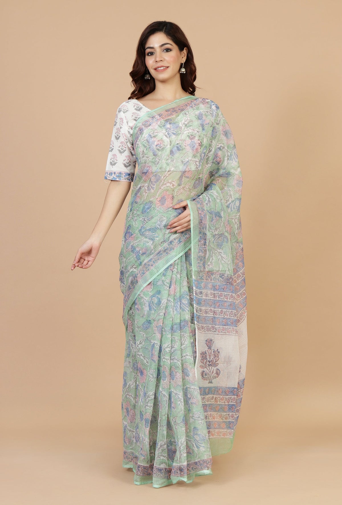 Floral Mint Kota Doriya Saree Without Blouse