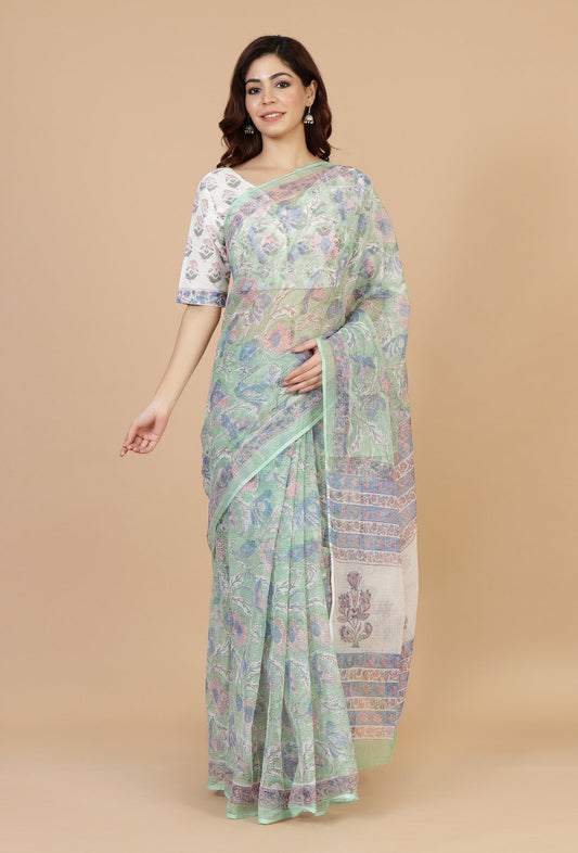 Floral Mint Kota Doriya Saree Without Blouse