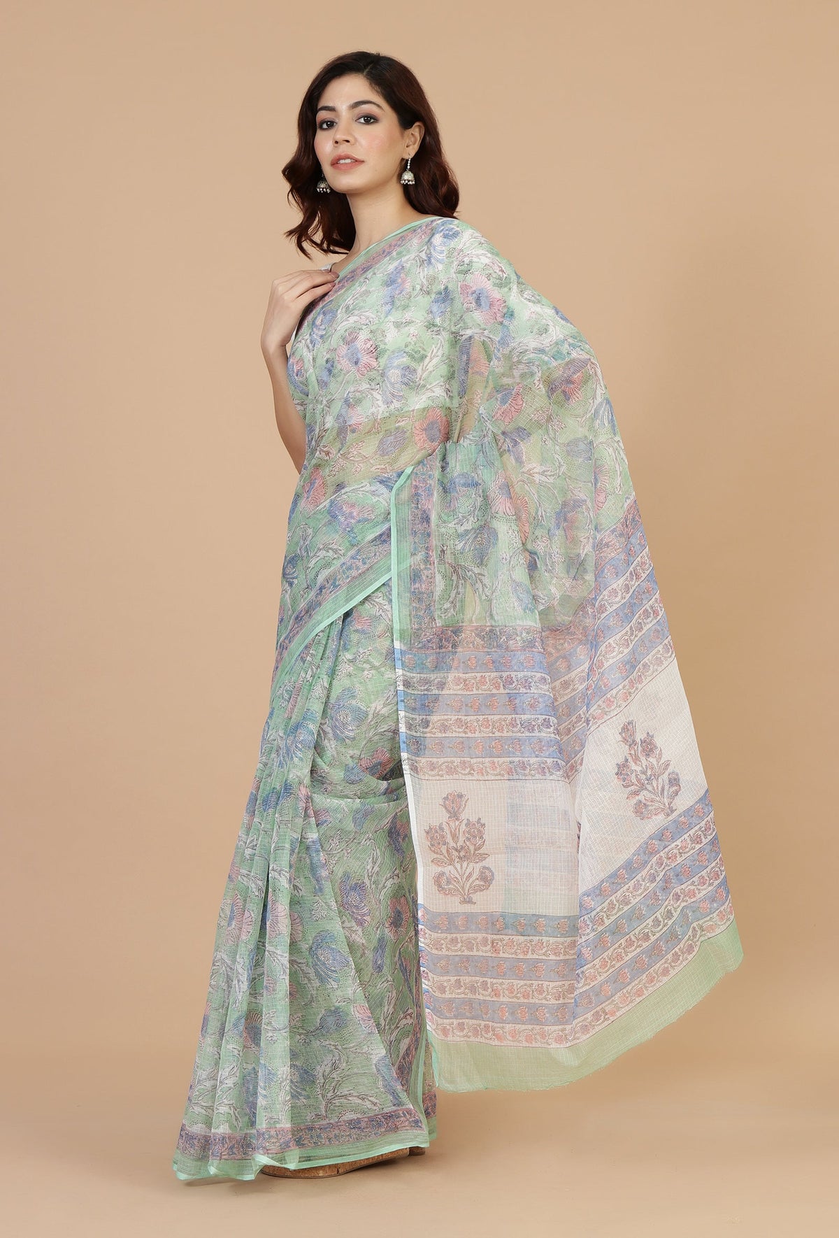 Floral Mint Kota Doriya Saree Without Blouse
