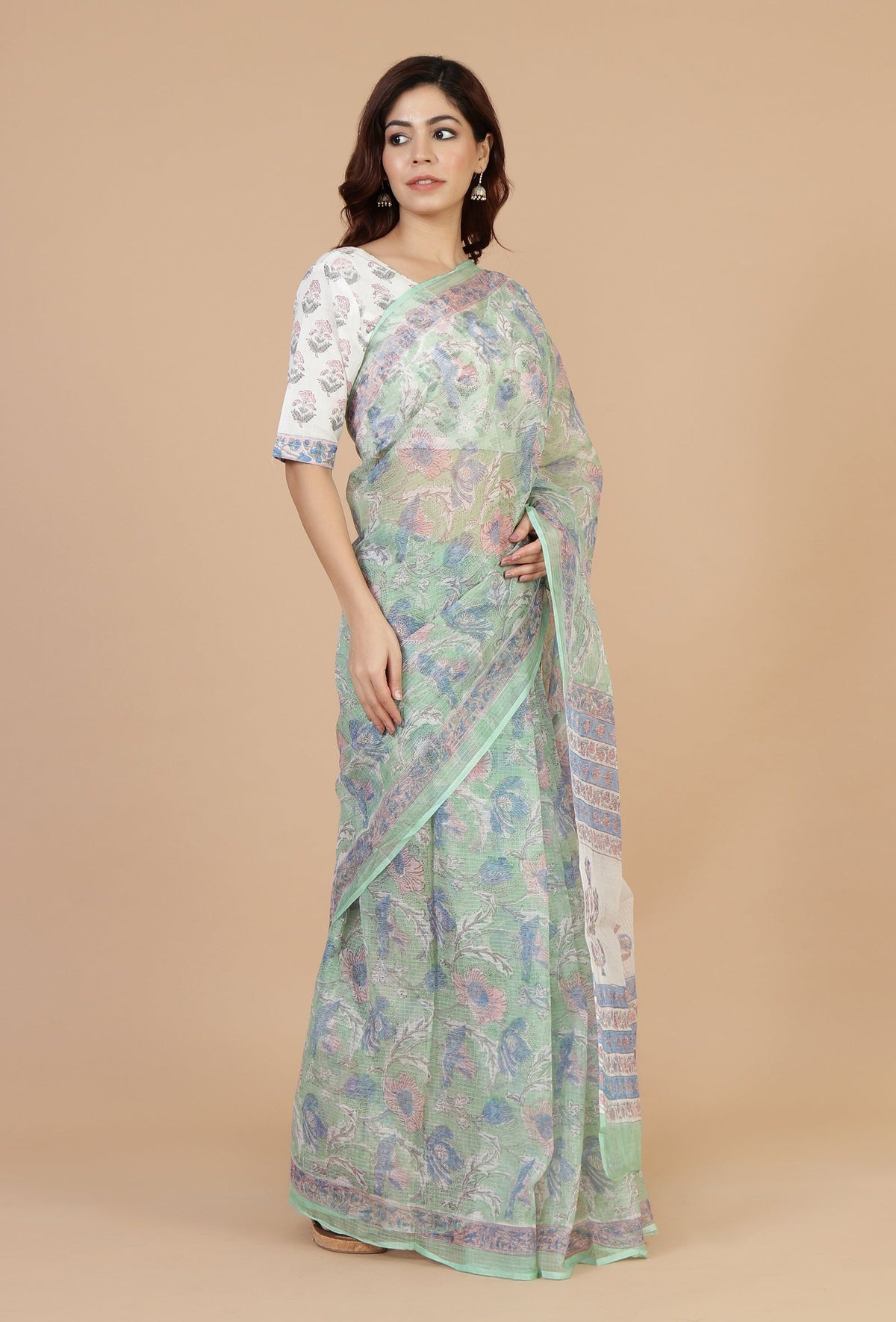 Floral Mint Kota Doriya Saree Without Blouse