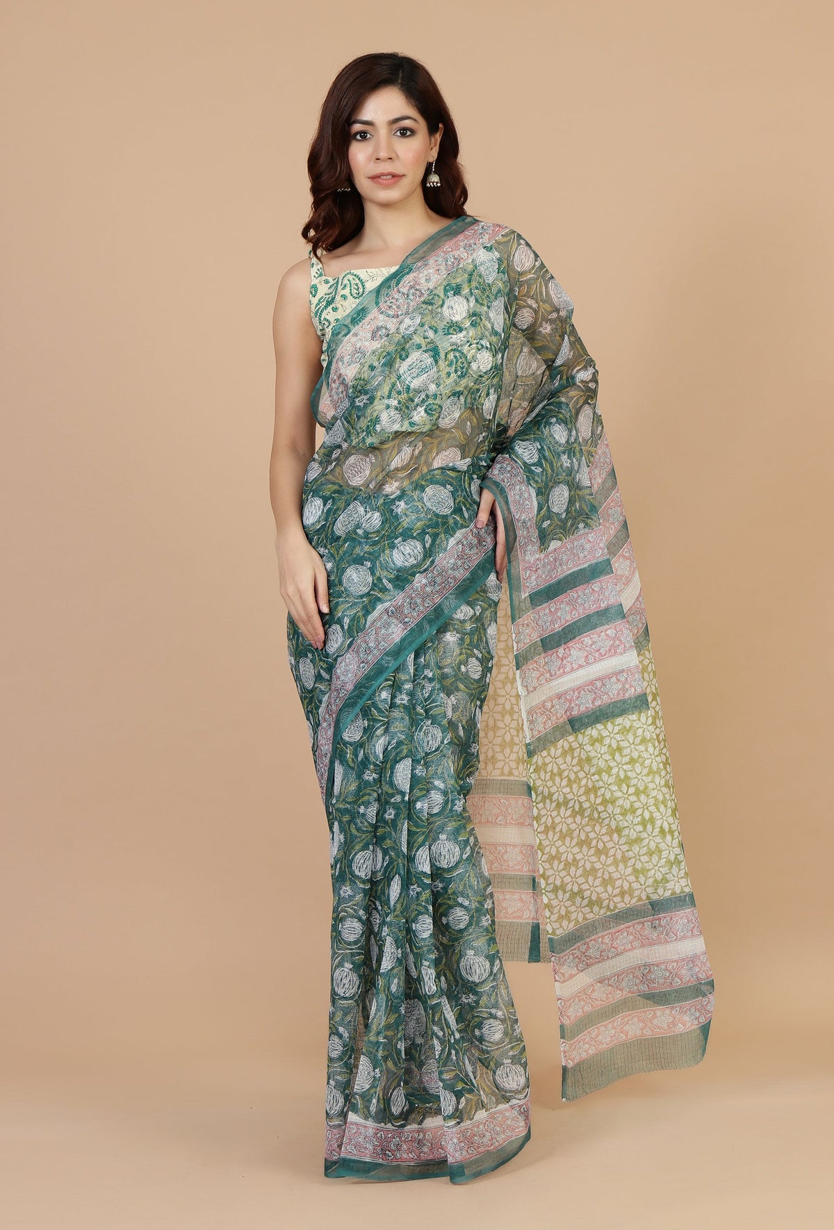 Botanical Green Kota Doriya Saree Without Blouse