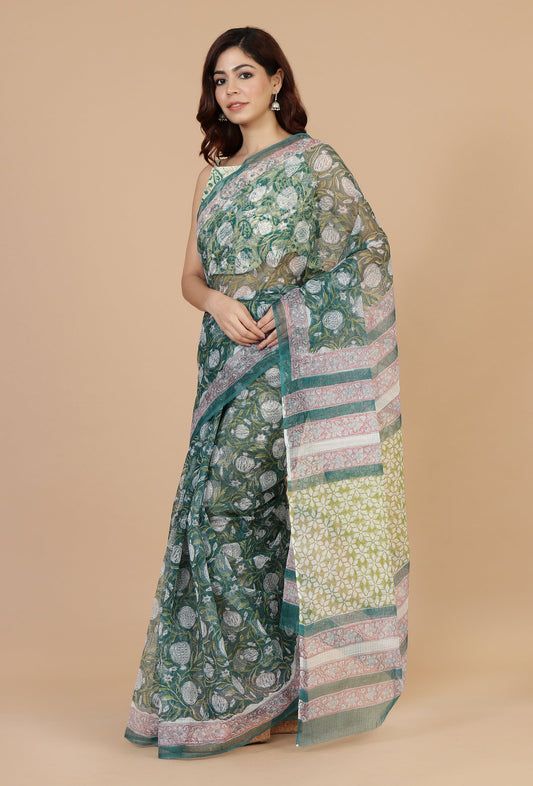 Botanical Green Kota Doriya Saree Without Blouse