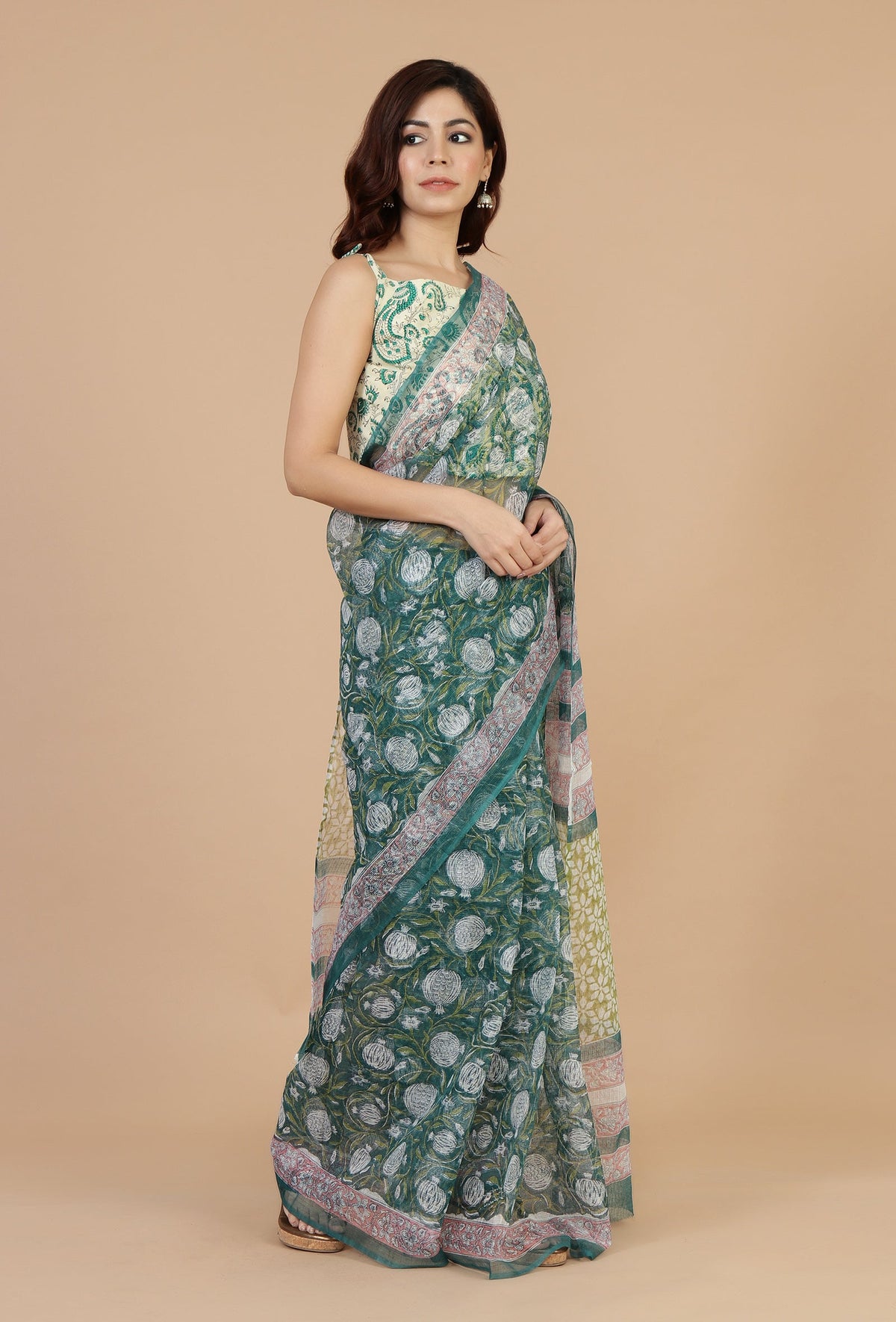 Botanical Green Kota Doriya Saree Without Blouse