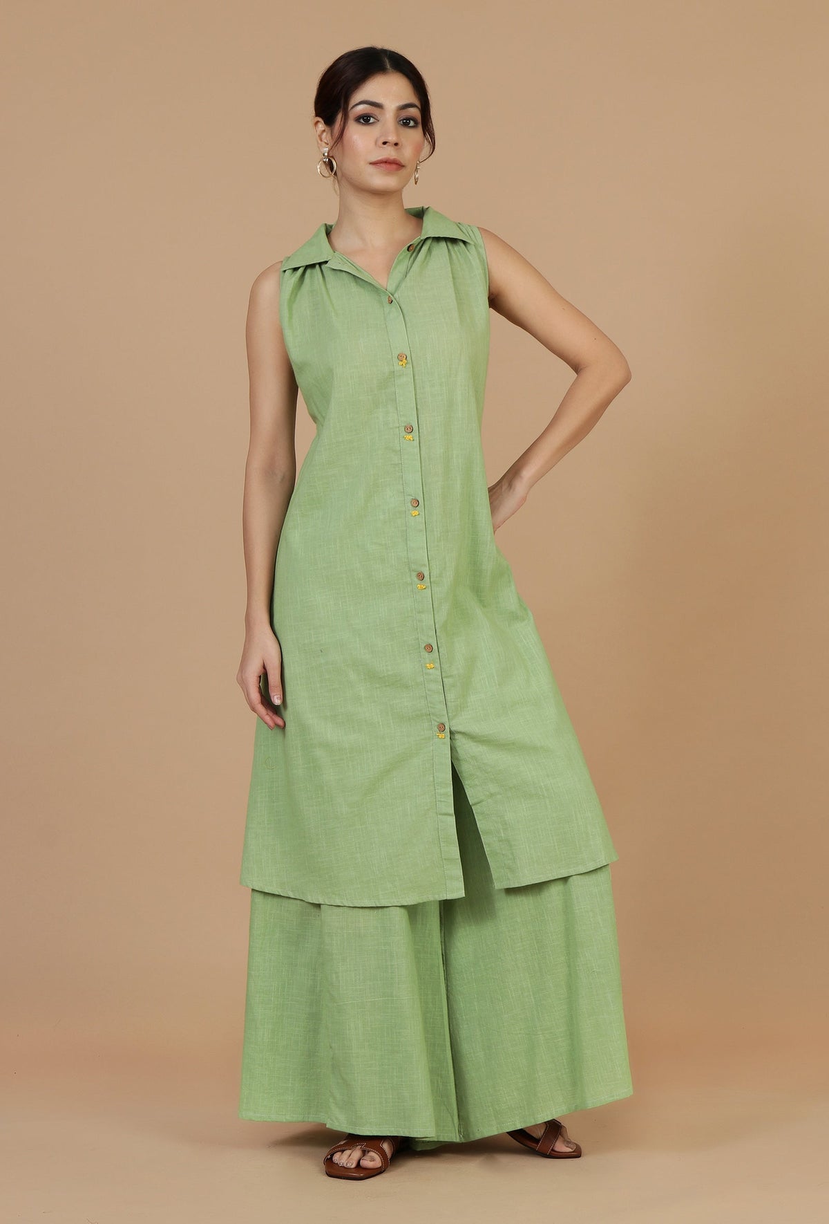 Set of 2: Light Green Sleeveless Shirt Kurta & Flared Palazzo Pants クルタ S・パラッツォ XS