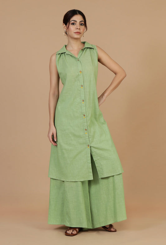 Set of 2: Light Green Sleeveless Shirt Kurta & Flared Palazzo Pants クルタ S・パラッツォ XS