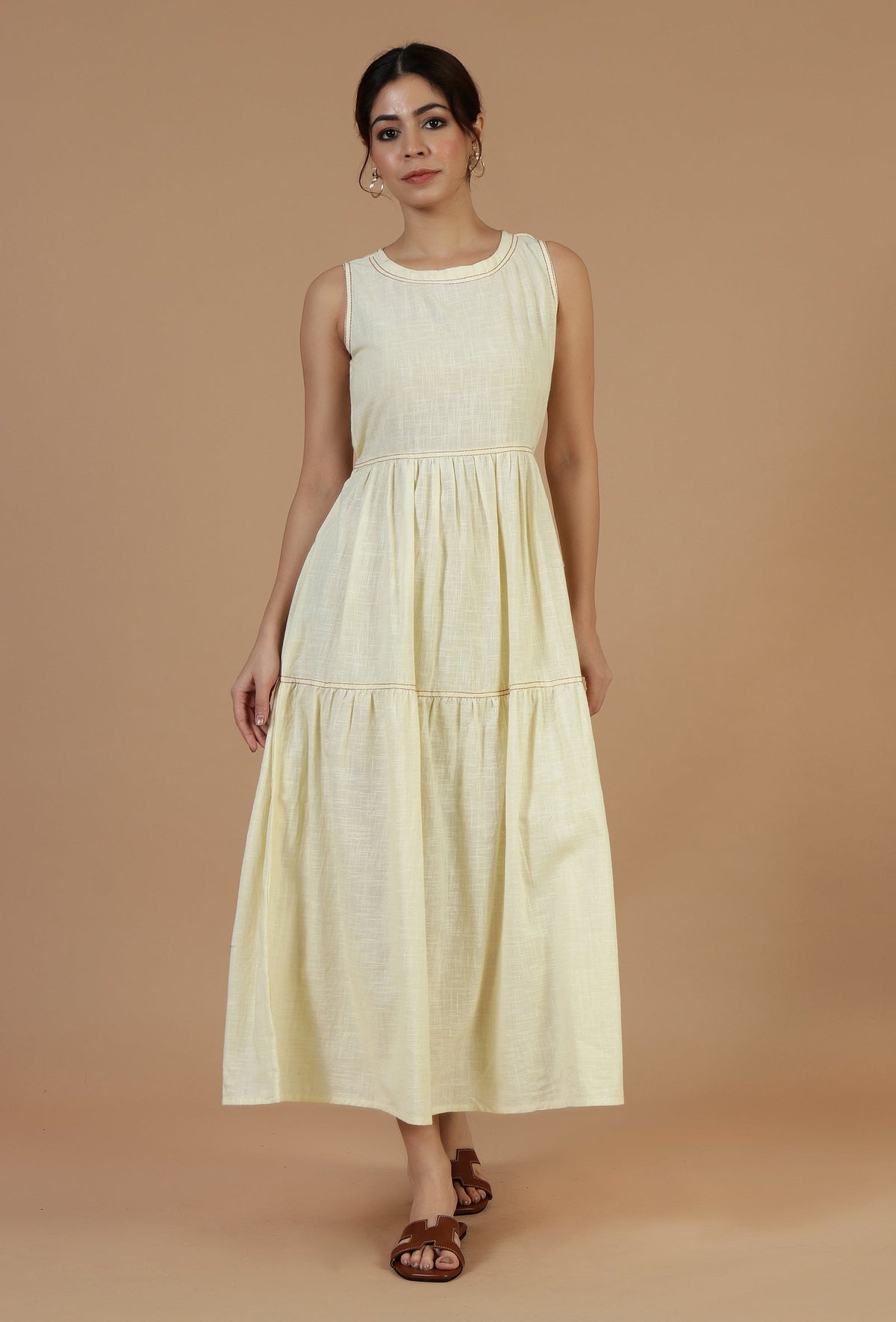 Butter Cream Sleeveless Tiered Cotton Dress サイズ S