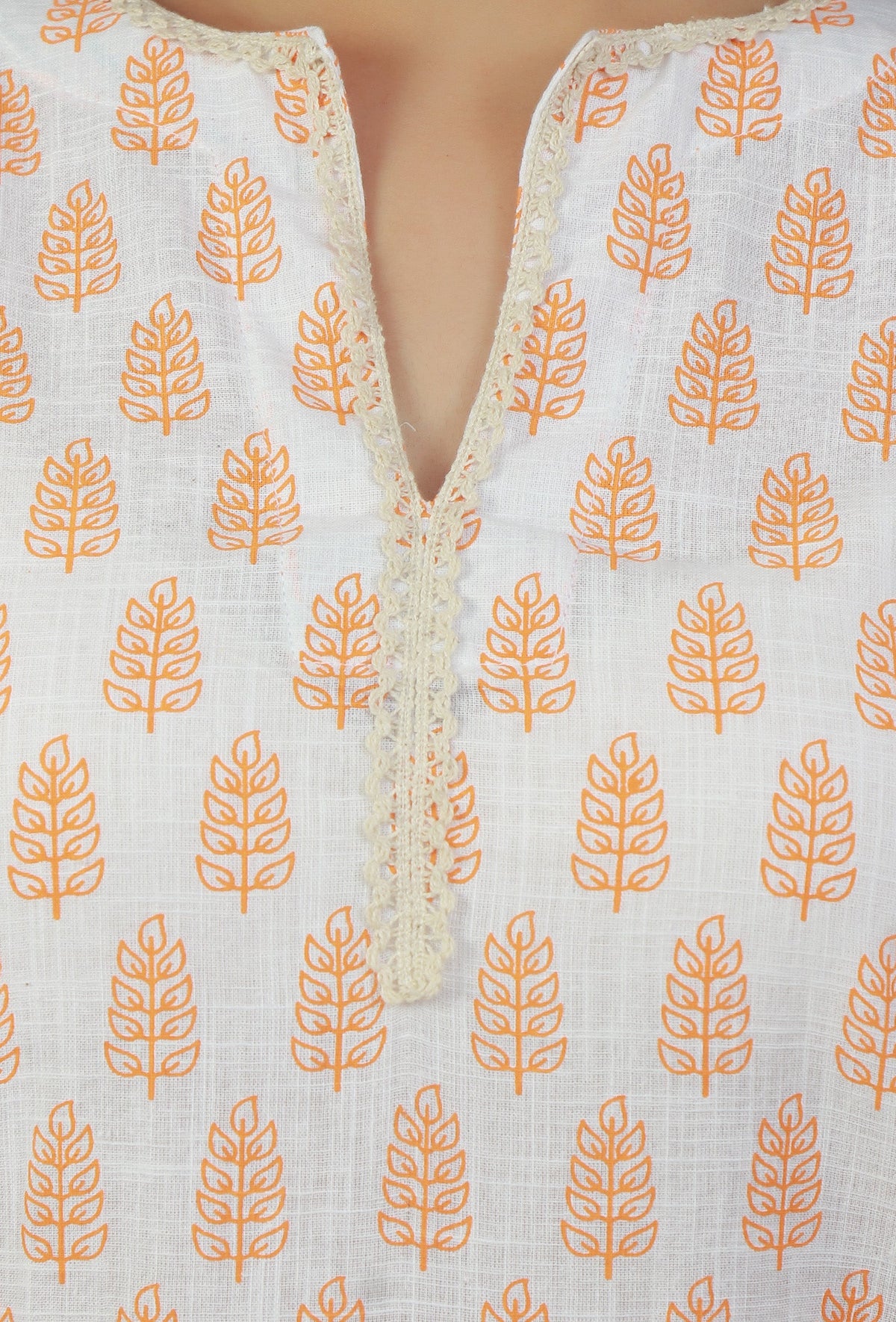 Set of 2: White & Peach Handblock Printed Sleeveless Kurta with Palazzo クルタ XL・パラッツォ S