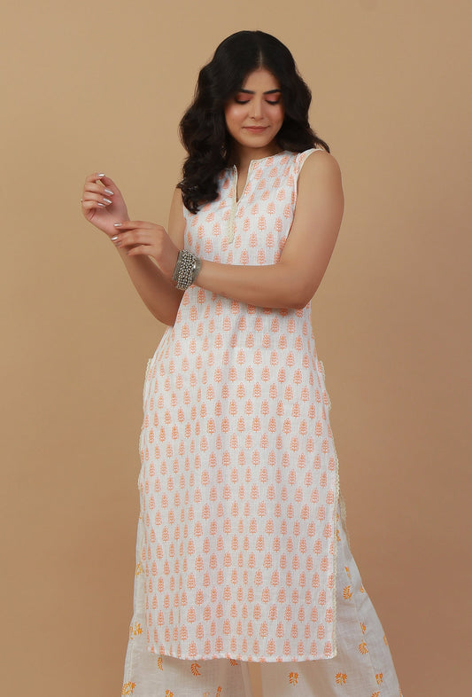 White & Peach Handblock Printed Sleeveless Cotton Kurta サイズ M