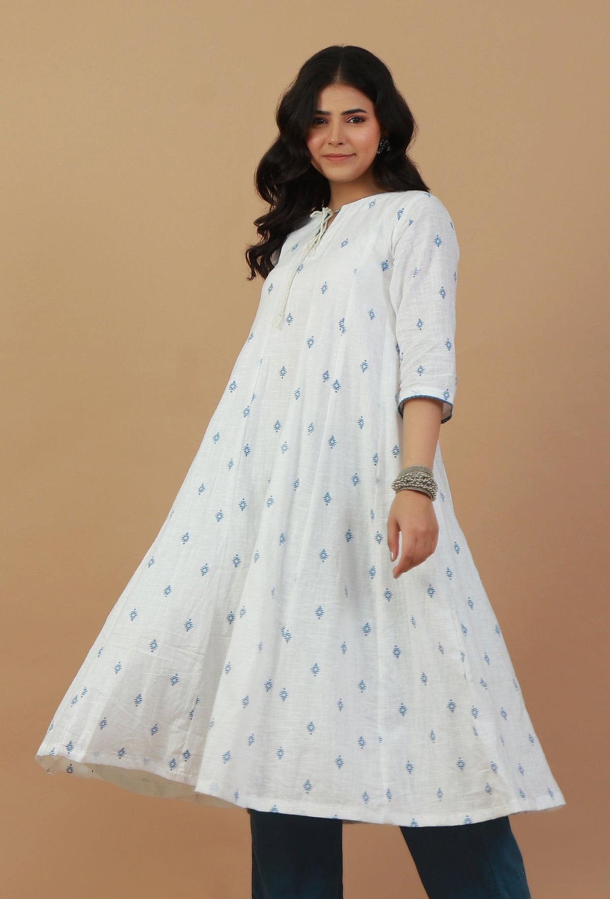 Handblock Printed White & Blue Cotton Kurta サイズ M