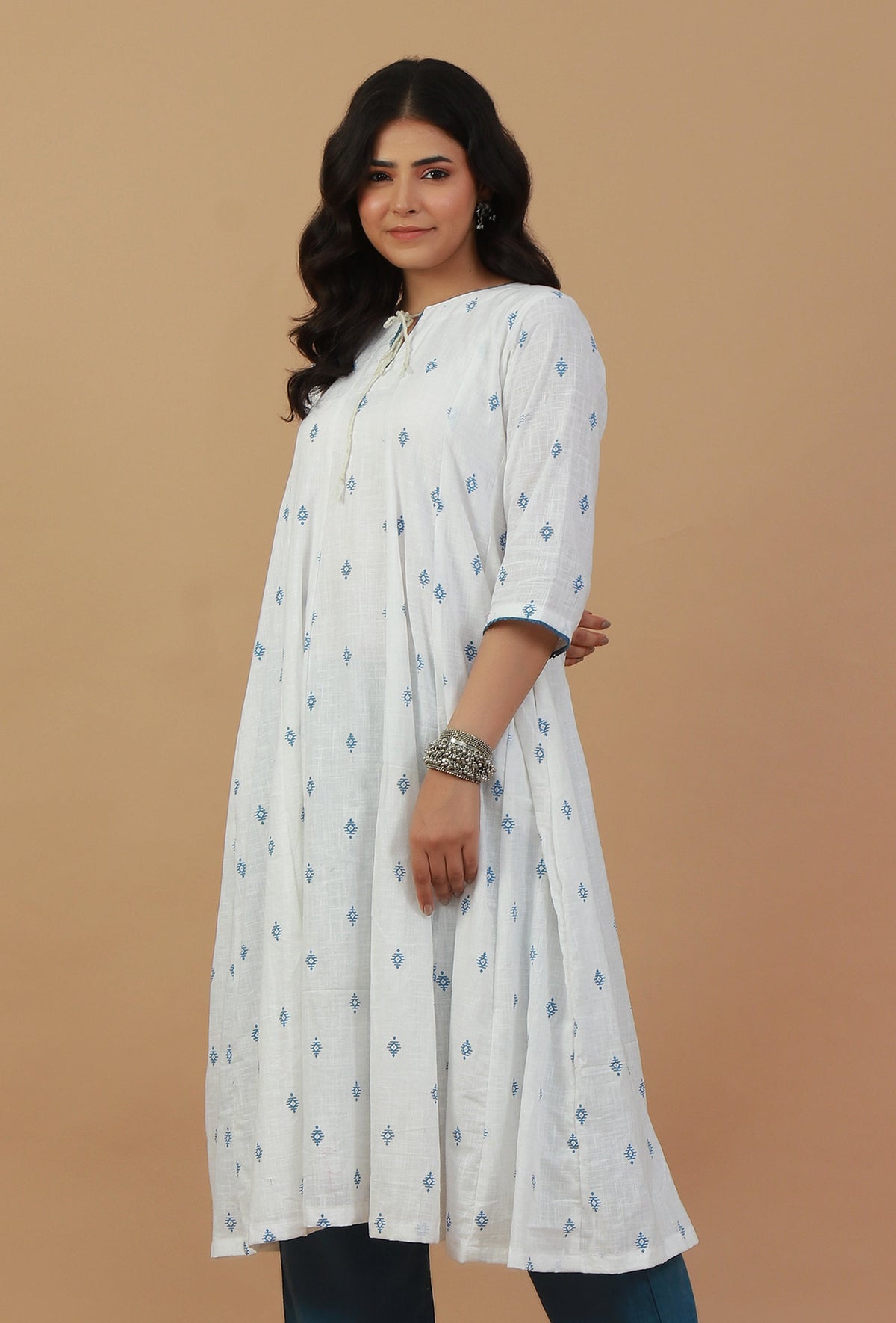 Handblock Printed White & Blue Cotton Kurta サイズ XL