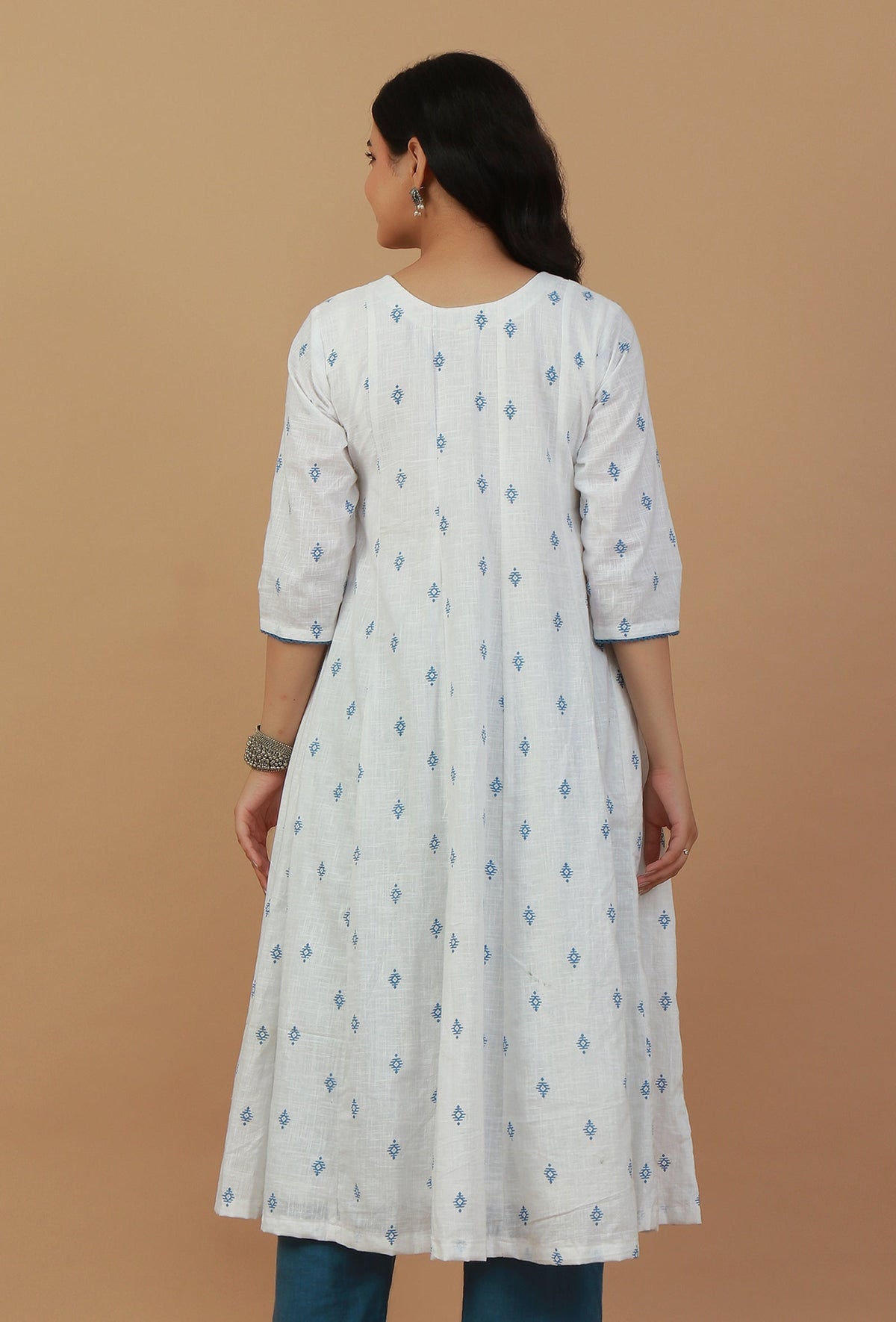 Handblock Printed White & Blue Cotton Kurta サイズ S