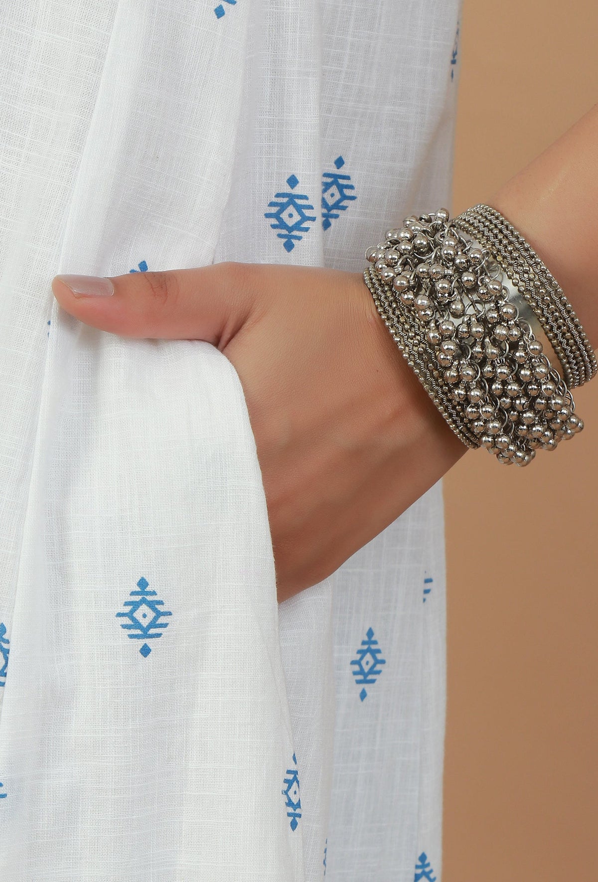 Handblock Printed White & Blue Cotton Kurta サイズ L
