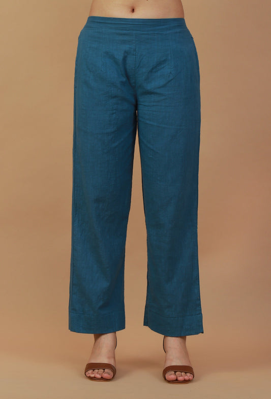 Solid Teal Blue Cotton Straight Pant サイズ S