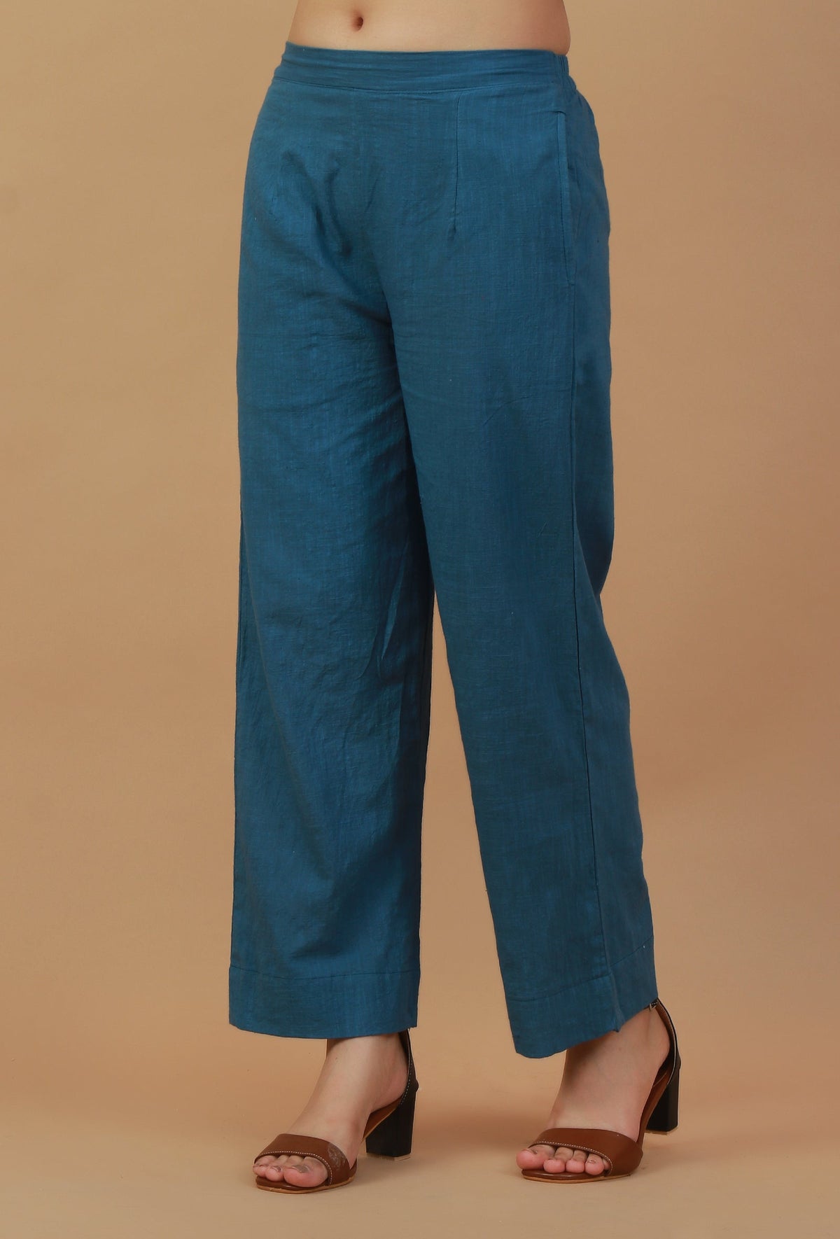 Solid Teal Blue Cotton Straight Pant サイズ XS