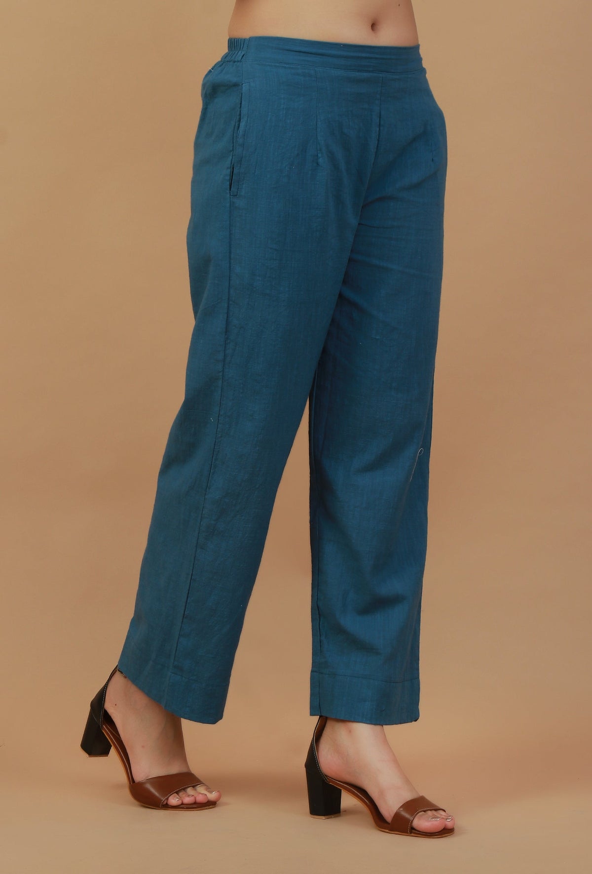 Solid Teal Blue Cotton Straight Pant サイズ L